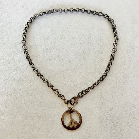 Peace Symbol Charm Bracelet Antique Silver Tone Metal Link Chain Vintage 7.5" - Picture 1 of 5